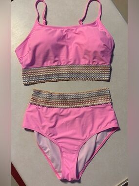 Pink High-Waisted Bikini Set Smocked Band Bottom Medium Adjustable Straps Large
